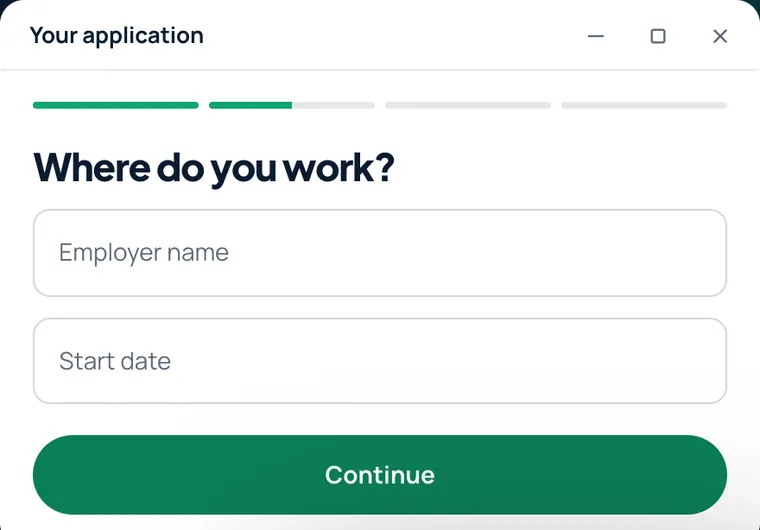 Borrower application on a branded site: a guided step asking where the borrower works