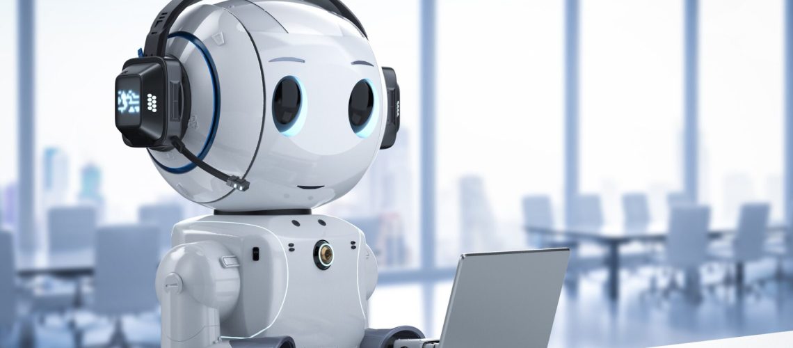 Automation customer service concept with 3d rendering cute robot working with headset and notebook